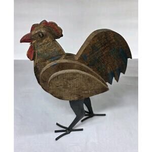Vintage Chicken Rooster Wood Carved Hand Painted Decor Folk Art Primitive Metal